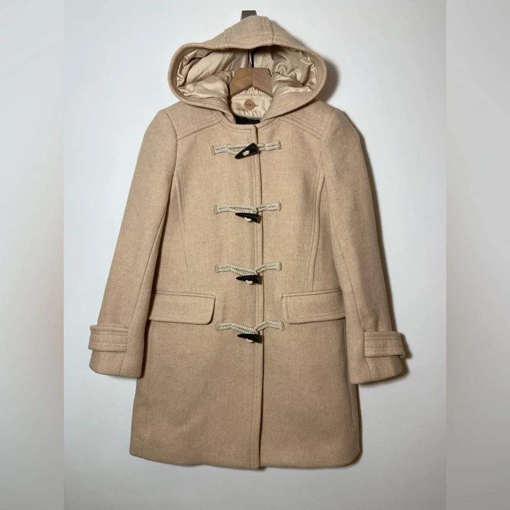 $350-J.Crew the 2007 Italian stadium-cloth wool toggle Hood coat BEIGE Sz 0P - Picture 1 of 9